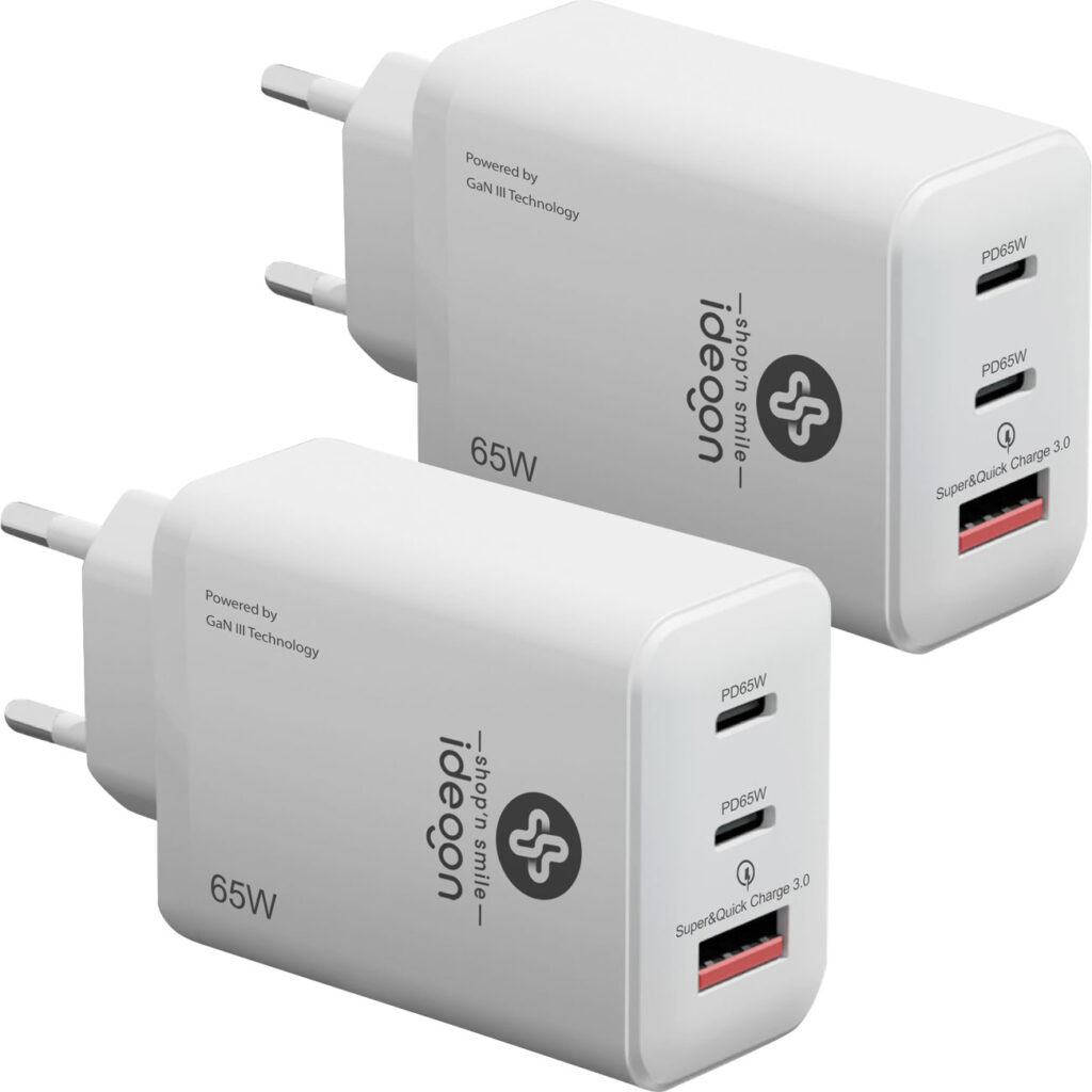 2er-Set USB Ladegerät, 3 Ports, 65Watt, 2x USB-C und 1x USB-A, PD- & QC, weiss, GaN III