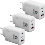3er-Set USB Ladegerät, 3 Ports, 65Watt, 2x USB-C und 1x USB-A, PD- & QC, weiss, GaN III