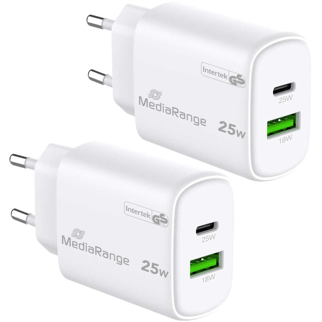 2er-Set Dual Schnellladeadapter, GaN, 1x USB-C und USB-A, PD & QC, 25 Watt, weiss
