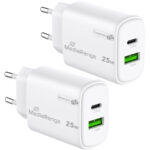 2er-Set Dual Schnellladeadapter, GaN, 1x USB-C und USB-A, PD & QC, 25 Watt, weiss