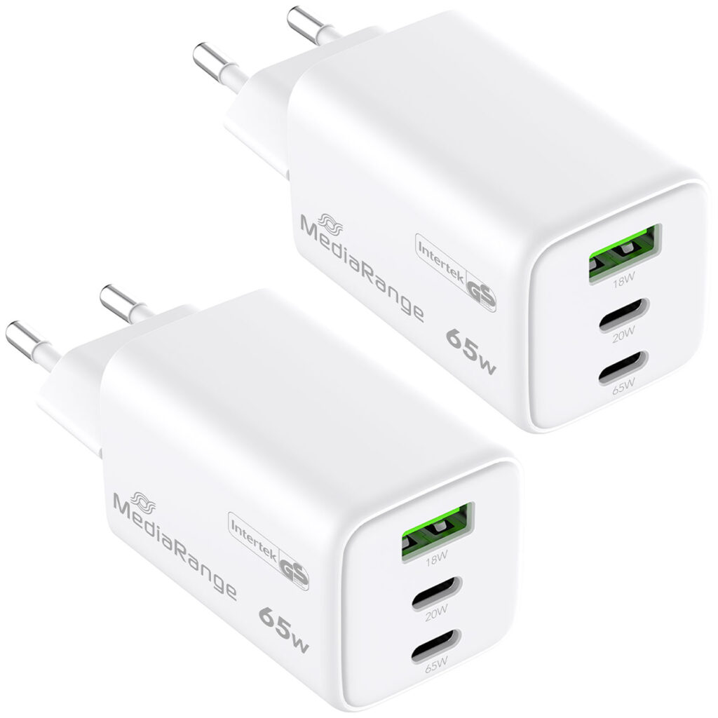 2er-Set Schnellladeadapter, GaN, 2x USB-C und 1x USB-A, PD & QC, 65 Watt, weiss