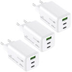 3er-Set Schnellladeadapter, GaN, 2x USB-C und 1x USB-A, PD & QC, 65 Watt, weiss