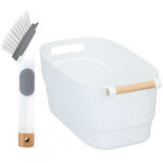 Küchenbox und Spülbürste mit Spülmittel-Behälter, Bambusgriff, weiss