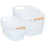 Aufbewahrungsboxen Set, 2 Grössen, Kunststoff mit Bambus-Griff, weiss