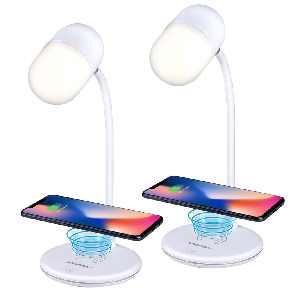 2er-Set Schreibtischlampe-Lampe mit Qi-Ladestation und Lautsprecher, 3 Lichtfarben