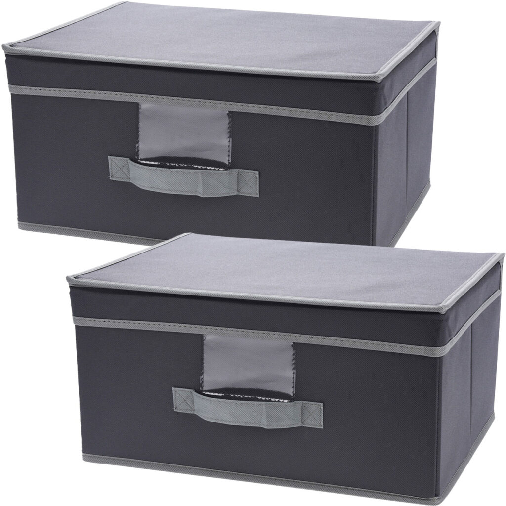 2er-Set Aufbewahrungsbox mit Deckel & Henkel, faltbar, 39 x 19 x 29 cm, schwarz