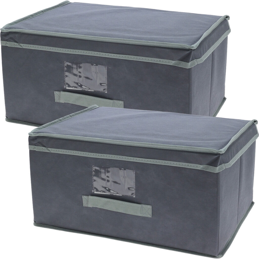 2er-Set Aufbewahrungsbox mit Deckel & Henkel, faltbar, 44 x 22 x 33 cm, grau