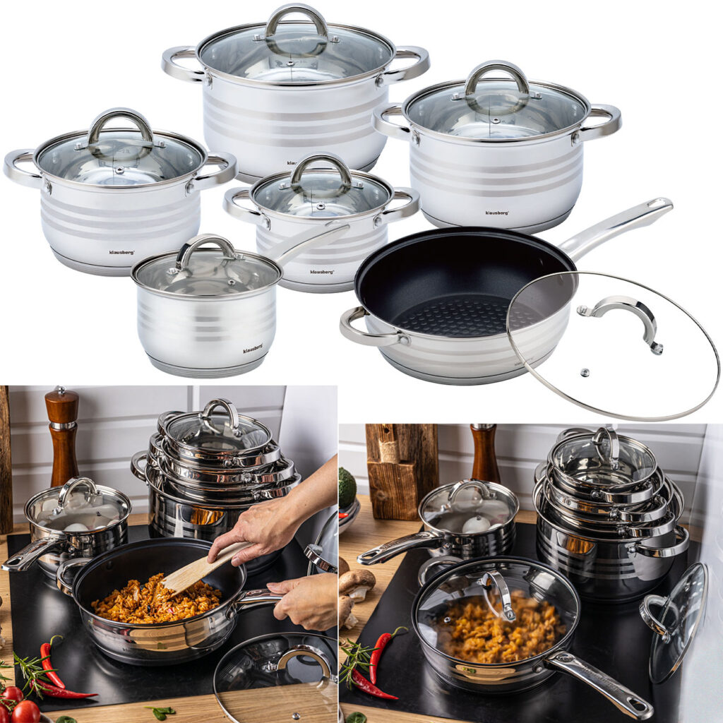 Edles Kochtopf-Set aus Edelstahl mit Glasdeckel, silberne Griffe, 6-teilig