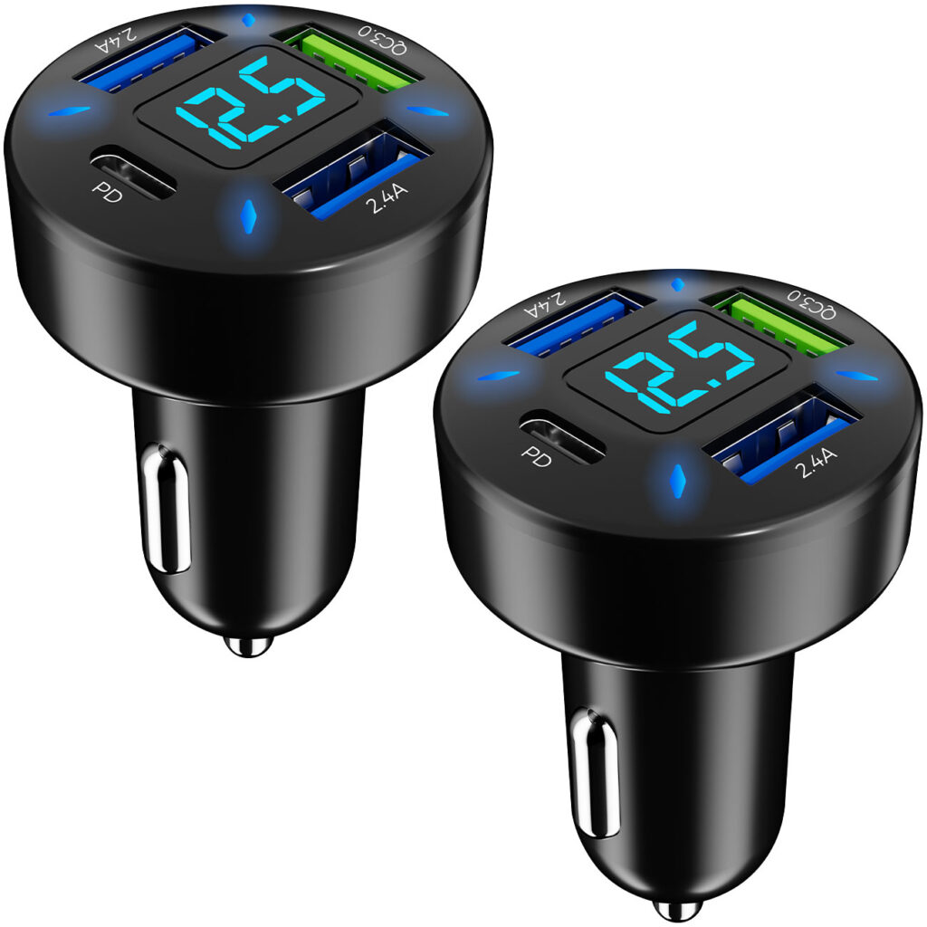 2er-Set 4 Port Auto USB-Ladegerät, Spannungsanzeige, (50 Watt)