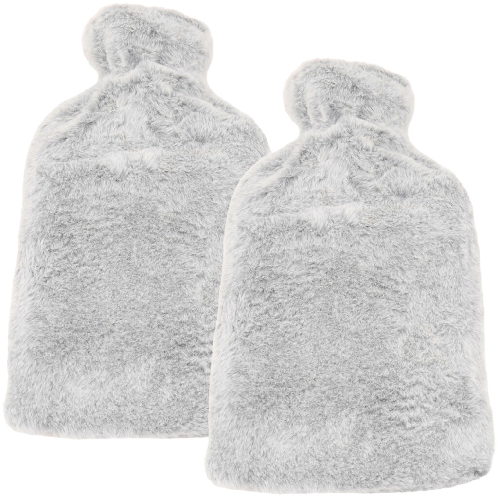 2er-Set Wärmflasche mit flauschigem Plüsch-Bezug, 1,6 Liter, hellgrau