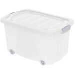 Aufbewahrungsbox mit Clip-Deckel und Rollen, transparent, 45 l