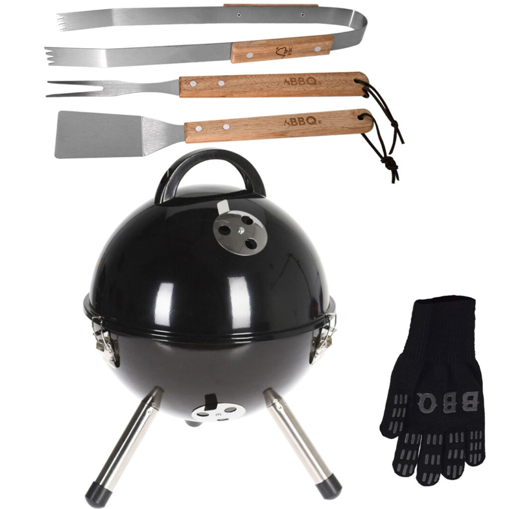 Grill-Set aus Holzkohle Kugelgrill (Ø 32 cm), Grillbesteck und Grillhandschuh