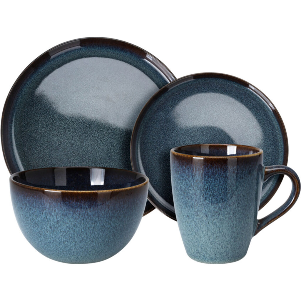 Edles Geschirr-Set aus Steingut, 16-teilig, blau-braun