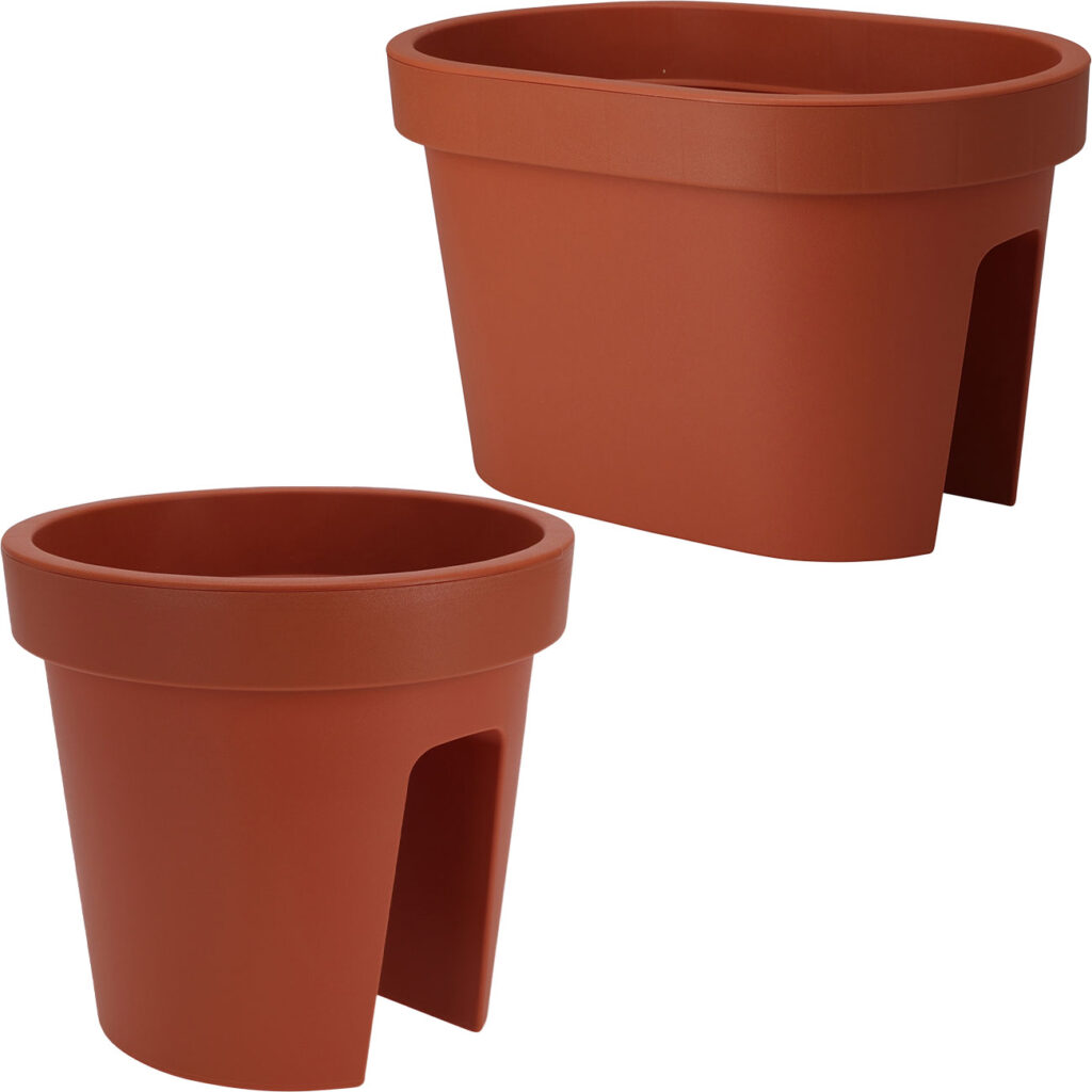 2er-Set Balkon-Blumentopf oval & rund, terracotta, Geländertopf