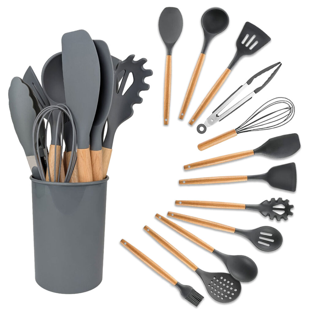 Küchenutensilien-Set, 12-teilig, Silikon & Holz, grau