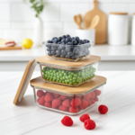 Vorratsbehälter mit Deckel, quadratisch, Glas/Bambus, 3 Grössen