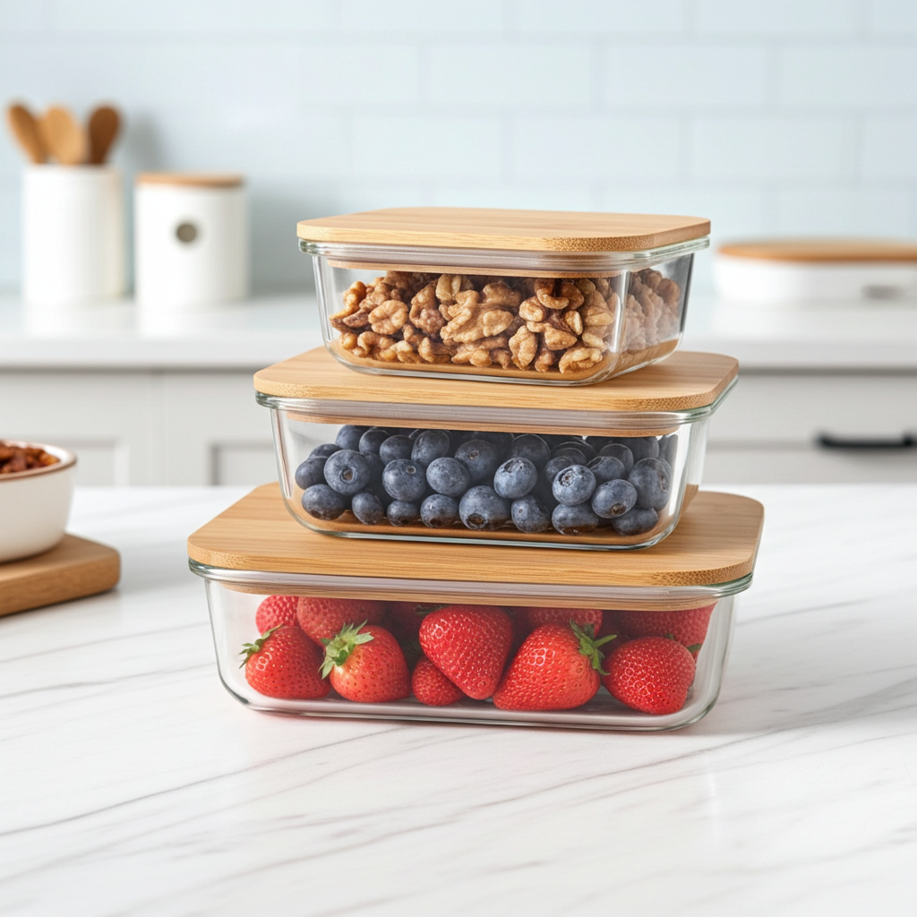 Vorratsbehälter mit Deckel, rechteckig, Glas/Bambus, 3 Grössen