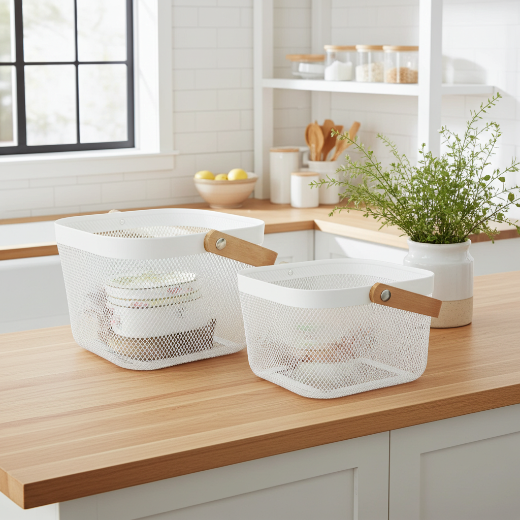 Metall Aufbewahrungskorb mit Holz-Griff, weiss Metall Aufbewahrungskorb mit Holz-Griff, weiss