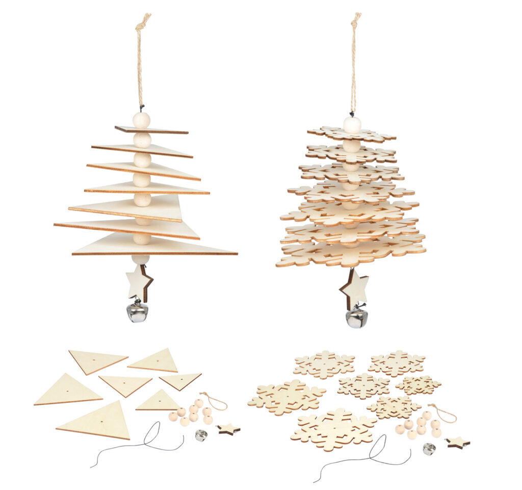 2er-Set 3D-Bastel-Deko aus Naturholz, Weihnachtsbaum, Stern, Dreieck
