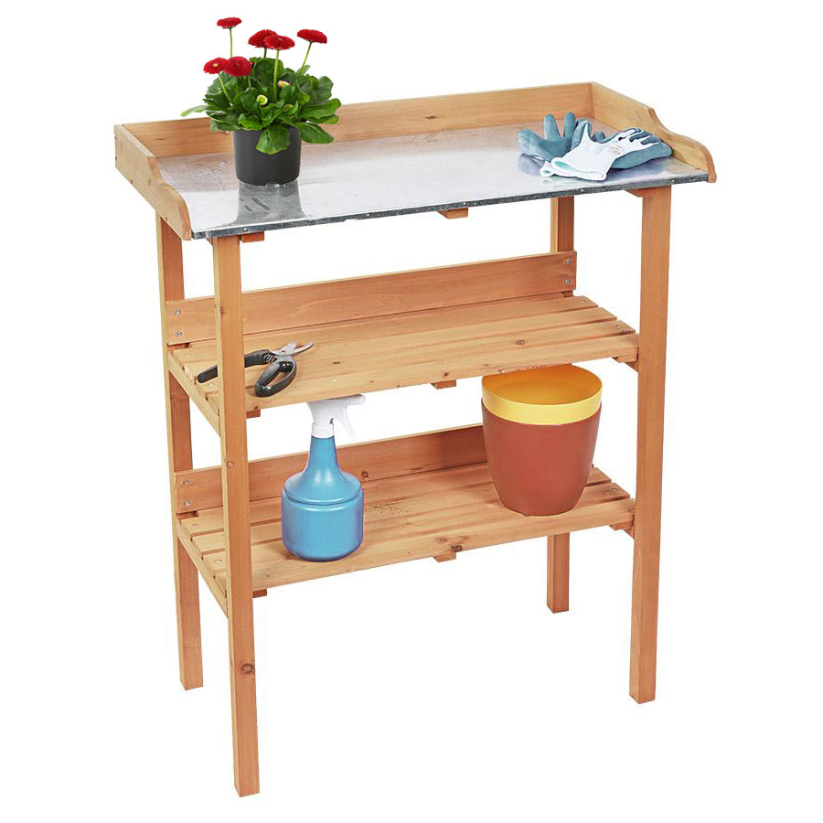 Pflanztisch aus Tannenholz, Pflanzregal mit Metall Arbeitsplatte, 75 x 90 x 36 cm