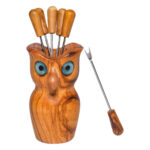 Eule aus 100% Olivenholz mit 6 Pieksern, 12 x 8 cm, Holzmaserung