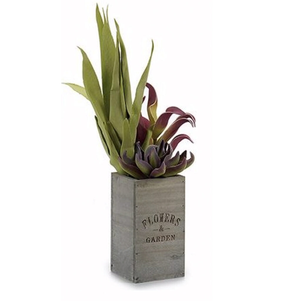 Blumentopf aus Holz mit Aufdruck und Kunstpflanze, rechteckig, 10 x 50 x 10 cm