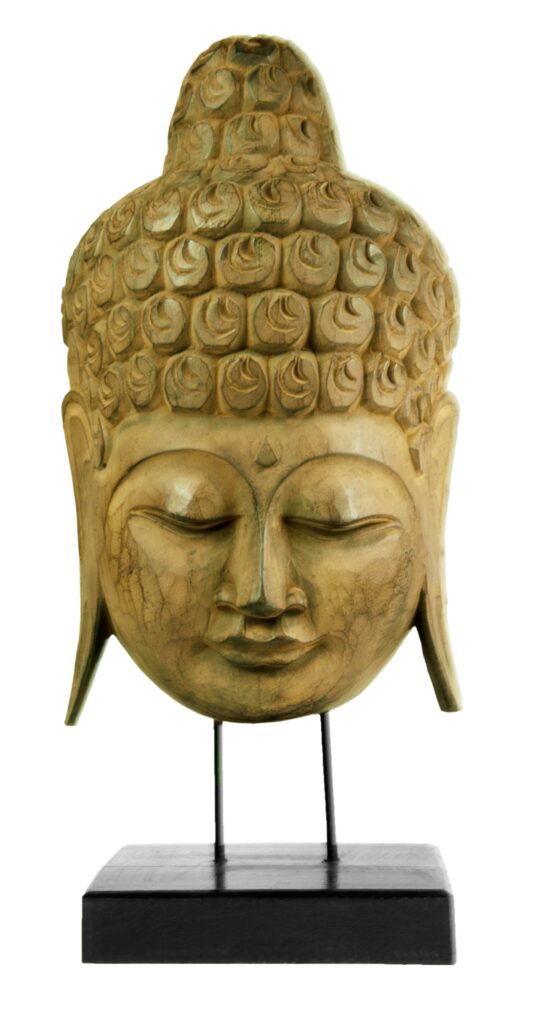 Buddha-Maske auf Ständer aus Albesia-Holz, Höhe 65 cm