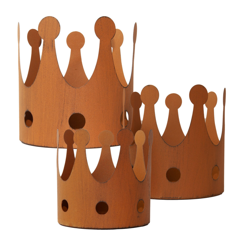 3-teiliger Kerzenhalter, verschieden Grössen, Krone, Rostoptik