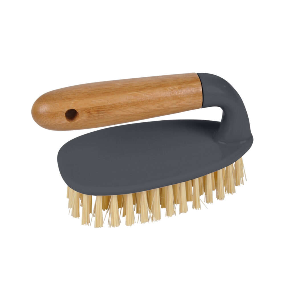 Scheuerbürste mit grauem Korpus und Bambusgriff, Länge 15 cm