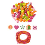 Holzperlen-Mix, Perlen in Pastell mit Loch und Bändern zum Auffädeln Holzperlen-Mix, Perlen in Pastell mit Loch und Bändern zum Auffädeln