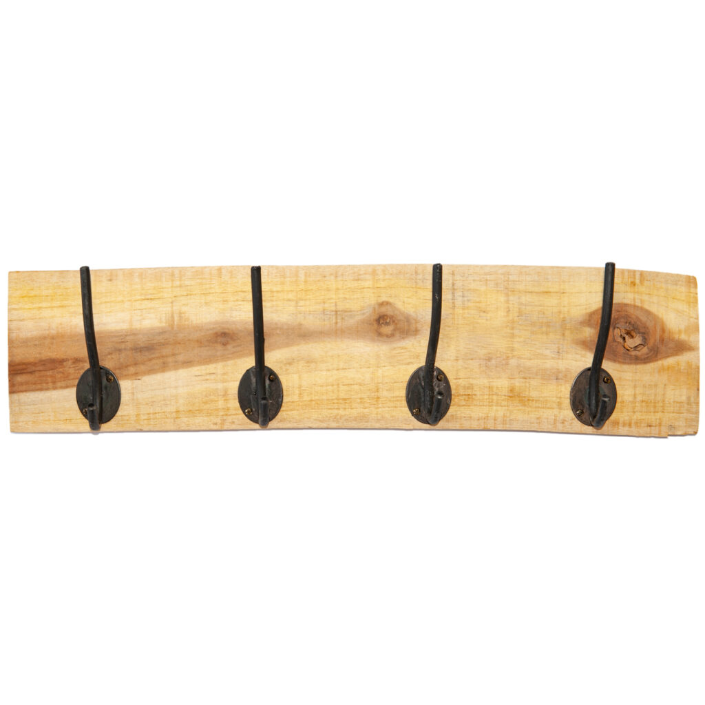 Garderobenleiste mit 4 Haken aus Teak-Holz, Metallhaken