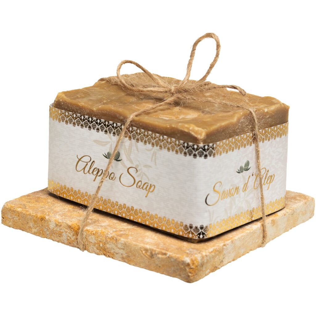 Echte Aleppo-Seife, handgemacht in Syrien, 100% natürliche Inhaltsstoffe, mit Seifenablage