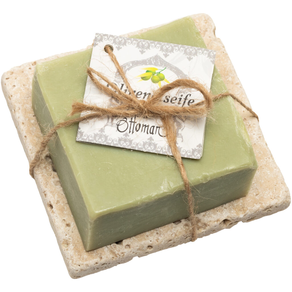 Seife mit Oliven- und Lorbeer-Öl, mit Seifenablage aus Travertin