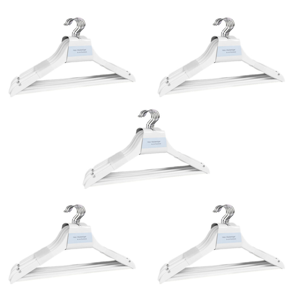 40 Holz-Kleiderbügel mit Rockkerbe und Steg, weiss