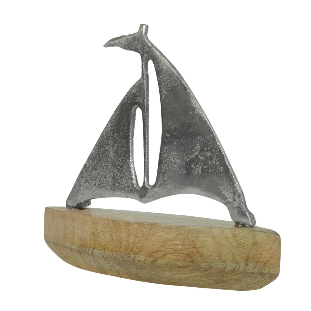 Aufsteller Segelboot aus Metall auf Mangoholz-Sockel, braun, silber, 17 x 17 x 6 cm