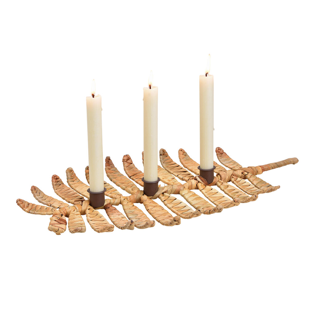 Kerzenhalter aus Wasserhyazinthe, in Blattform, mit Metall, für 3 Kerzen, 50 x 3 x 25 cm