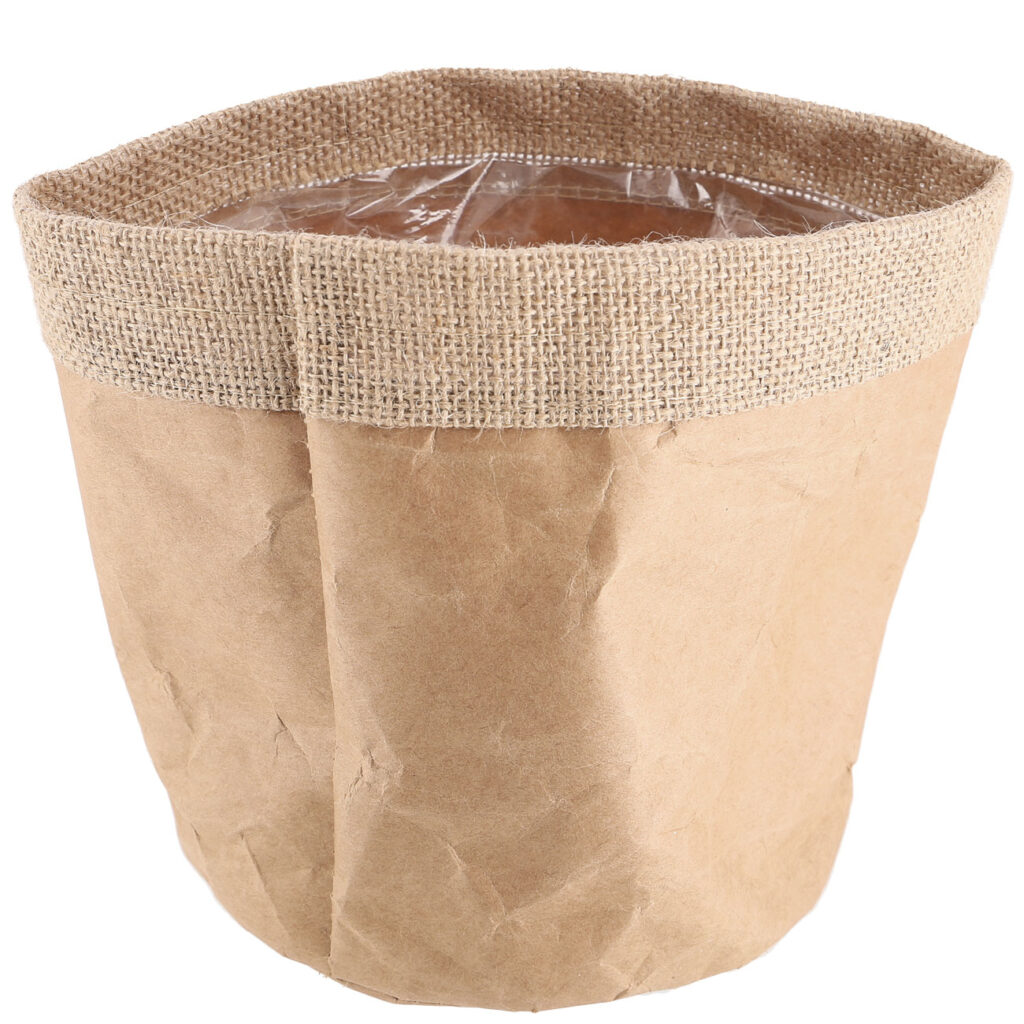 Pflanzsack aus Papier mit Wolle verstärkt, Übertopf mit Innenfolie, natur, 16 x 17 cm