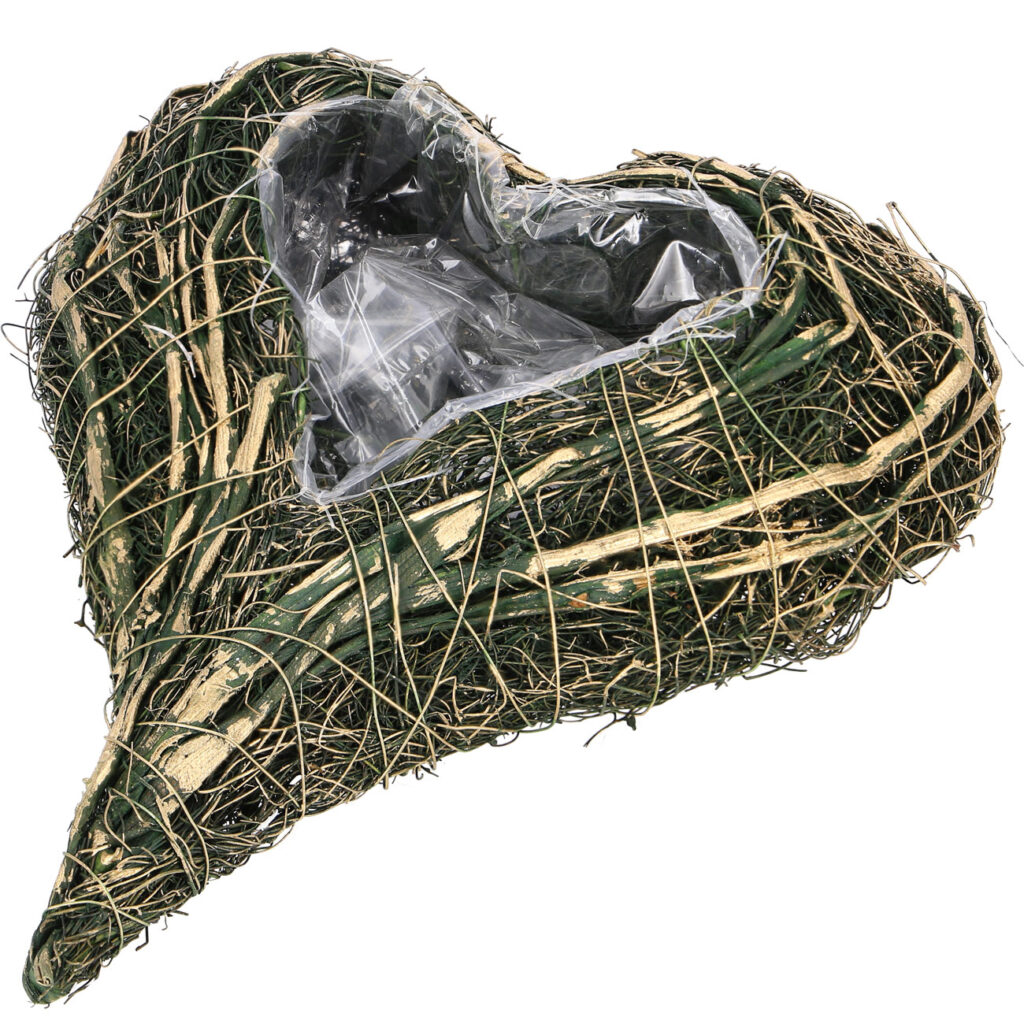 Naturdekoration in Form eines Herzens, Pflanztopf aus Ästen, gold, grün, 25 x 20 x 5 cm