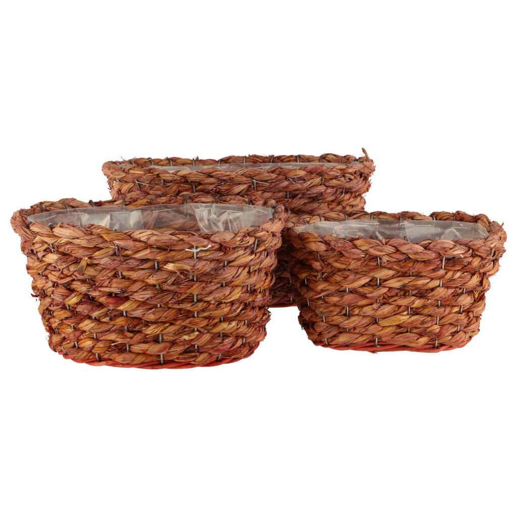 3er-Set Natur Pflanzentöpfe aus Gras-Geflecht, Übertöpfe mit Innenfolie, rostrot