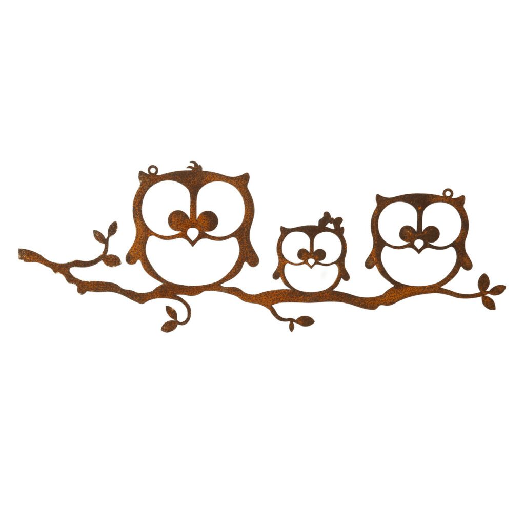 Hängedekoration Eulenzweig, Wandhänger aus Metall in Rostoptik, 36 x 12 cm