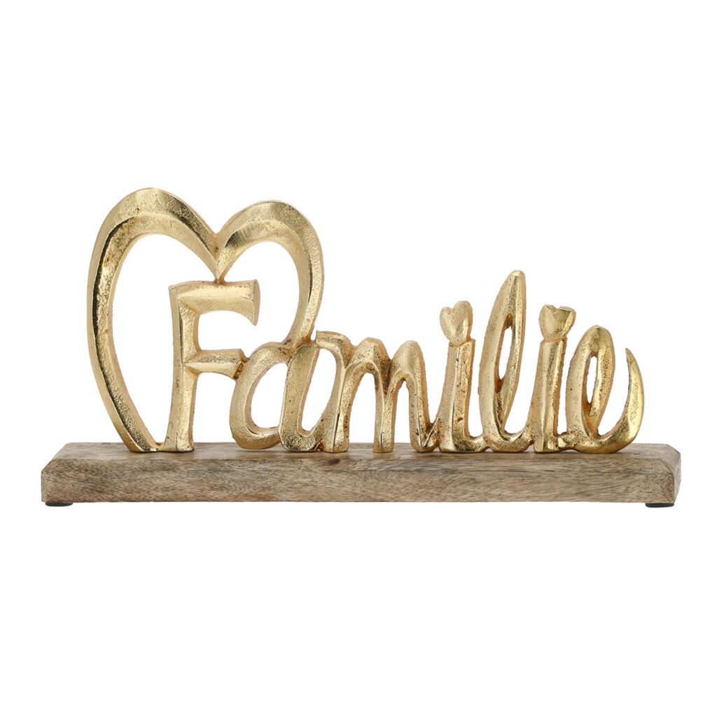 Schriftzug Familie, Aufsteller Holz zum Dekorieren, gold, 32 x 16 x 5 cm