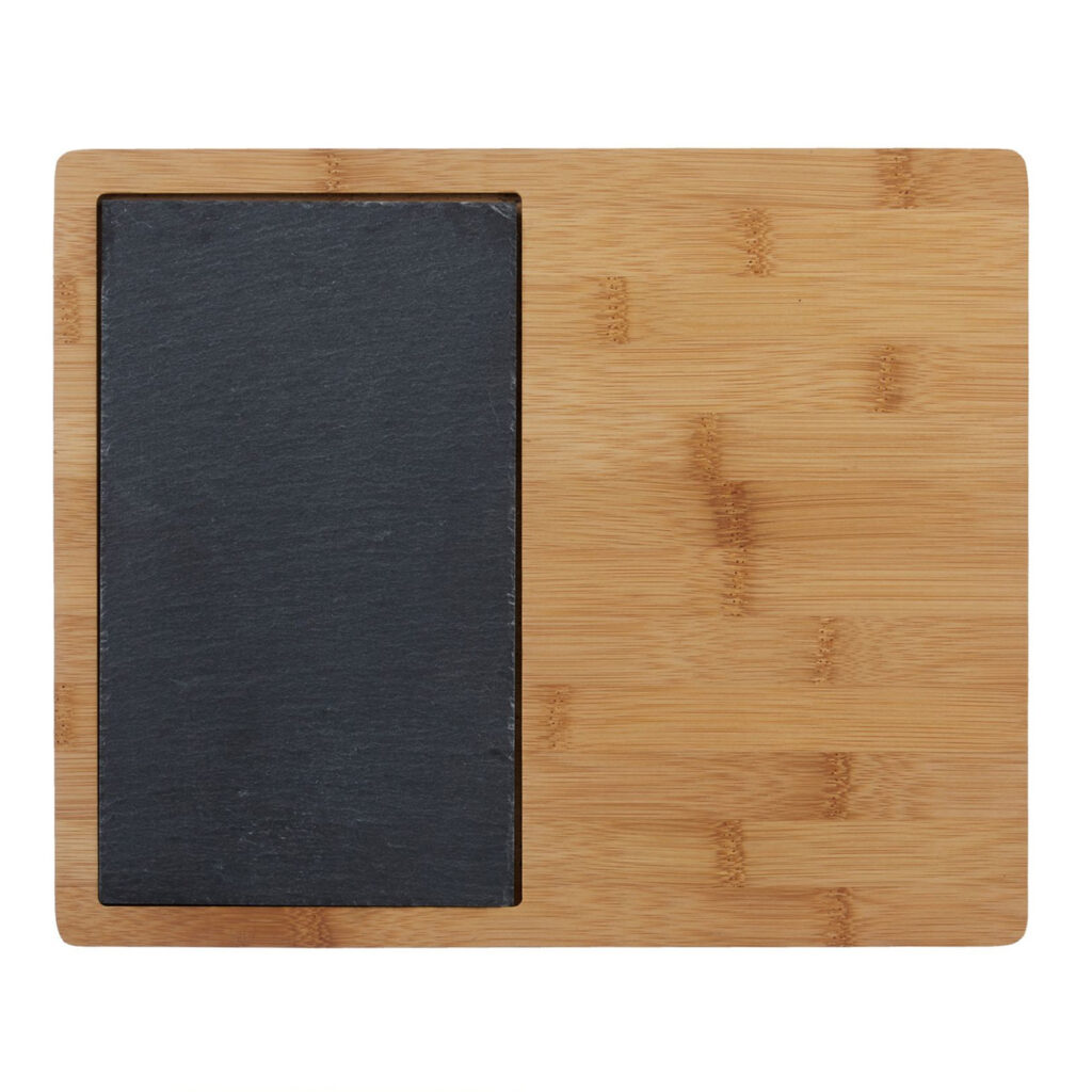 Schneidebrett Bambus mit Griff und Schiefereinsatz, Servierbrett, 2 x 30,6 x 25 cm