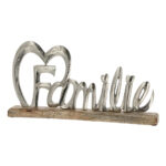 Schriftzug Familie, Aufsteller Mangoholz und Aluminium, braun, silber, 42 x 21 x 5 cm