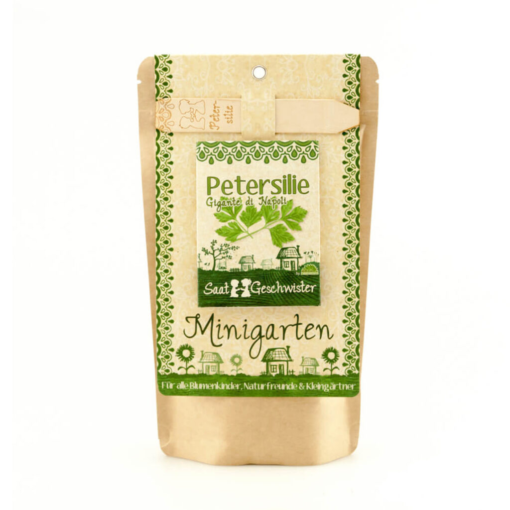 Saatgut Set für Petersilie, Samen mit Gartenerde, Saatgut, Anleitung, Pflanzstäbchen