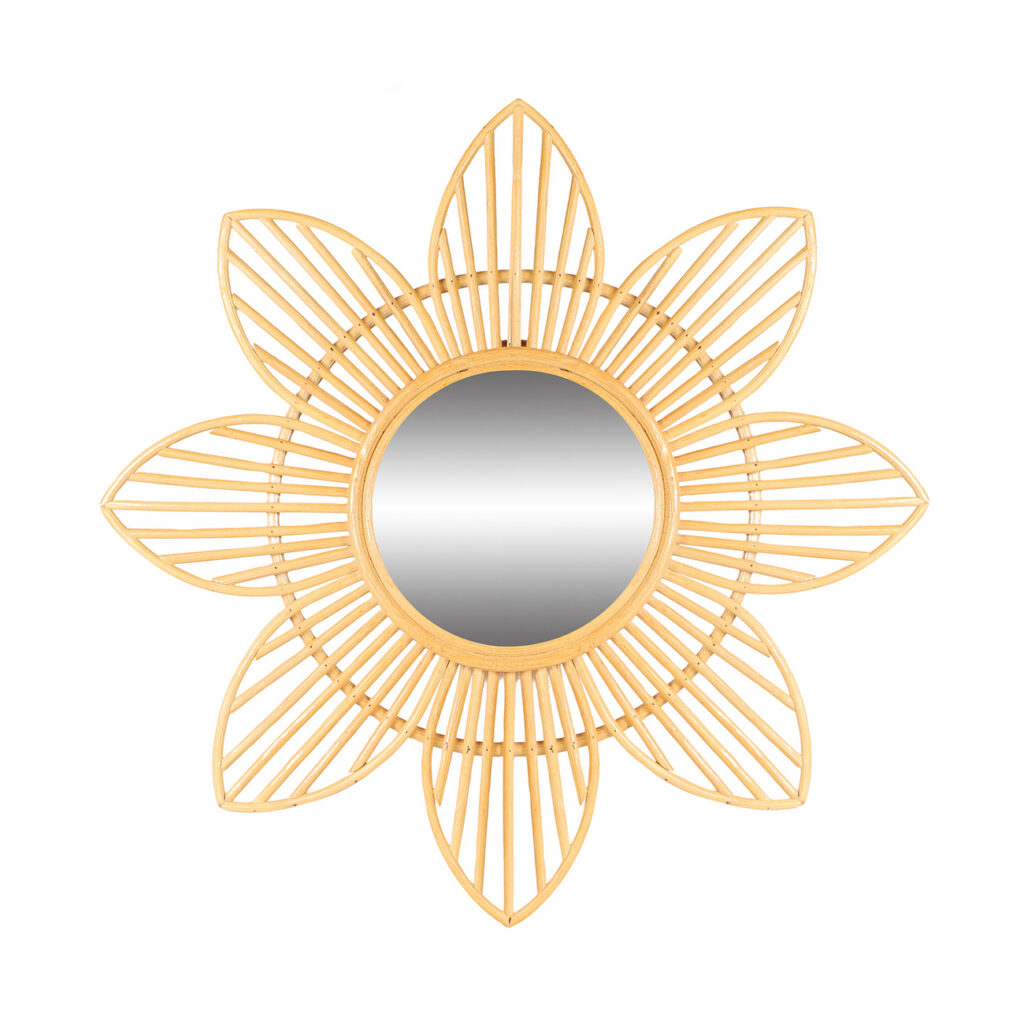 Spiegel mit Bambusrahmen, Wandspiegel mit Blumen-Rahmen, braun, 62 x 62 cm