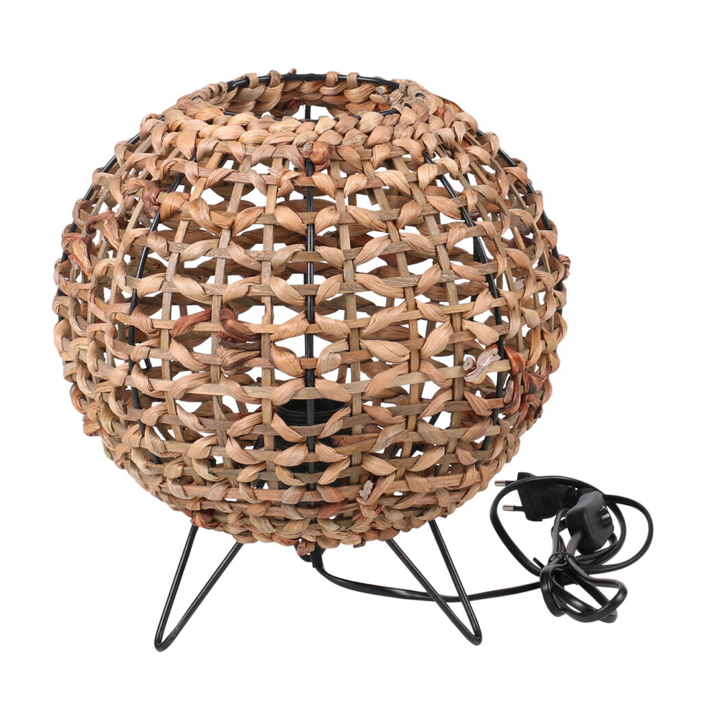Lampe aus Wasserhyazinthe und Metall, Tischleuchte Metallgestell, braun, schwarz, 30 cm