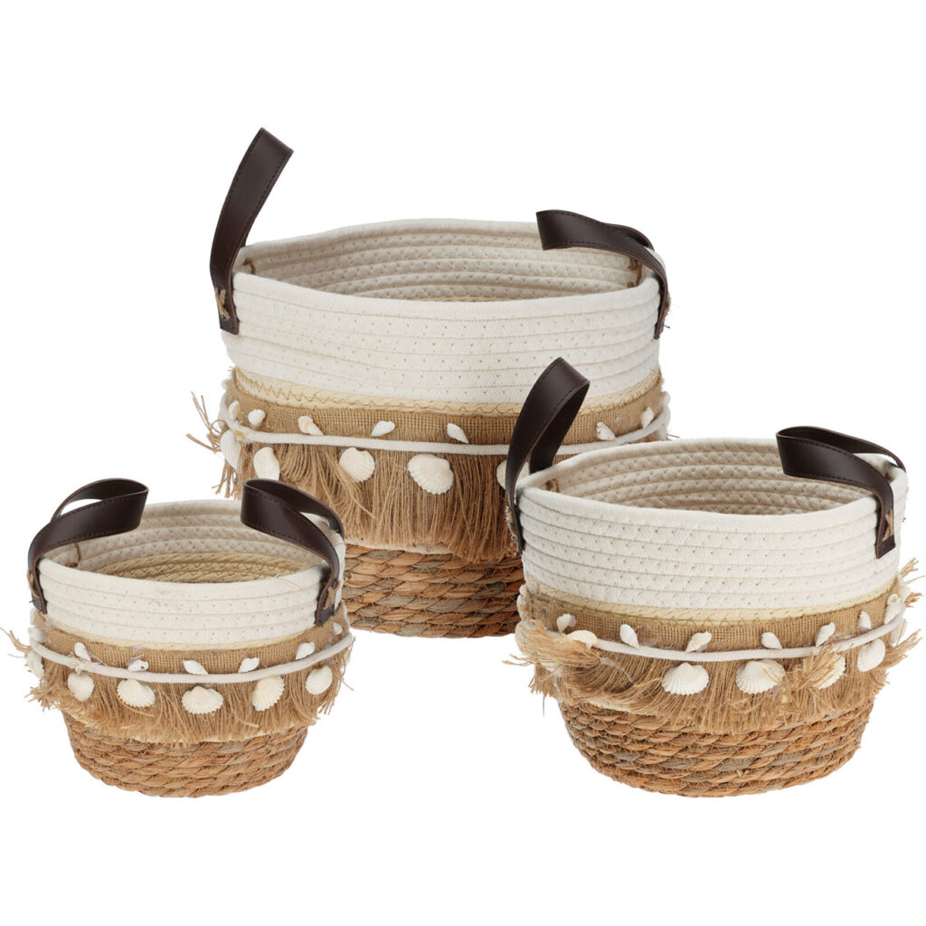 Körbe aus Baumwolle und Naturmaterial, Aufbewahrungskörbe mit Muschel-Deko, 3 Grössen