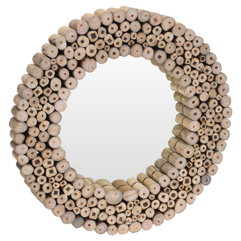 Spiegel mit Teakholz, Wandspiegel mit Teakholzstücken, vertikal, braun, Ø 50 cm