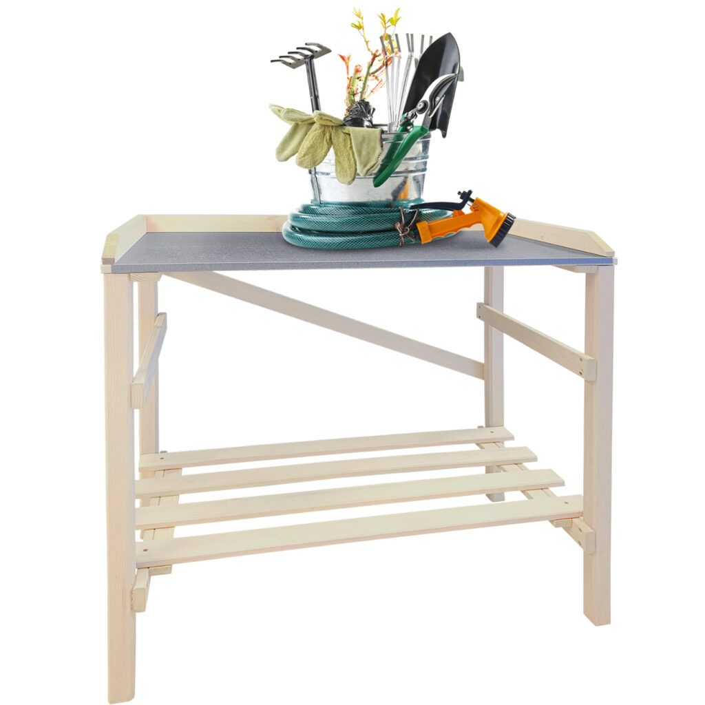 Gartenarbeitstisch aus Holz, Pflanztisch mit 2 Ablageflächen, natur, 75 x 39 x 86 cm