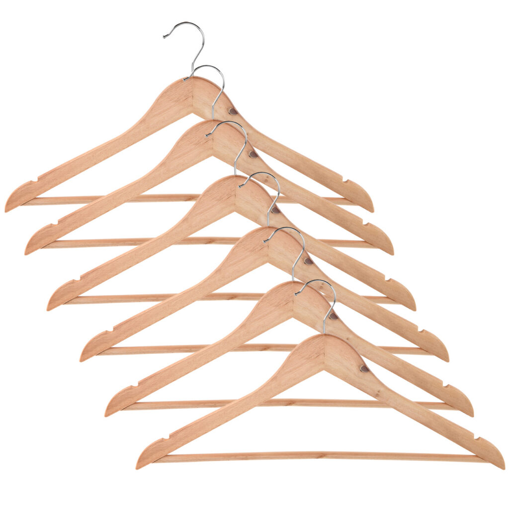 Kleiderbügel 6er-Set, Holzbügel mit Rockkerbe und Hosensteg